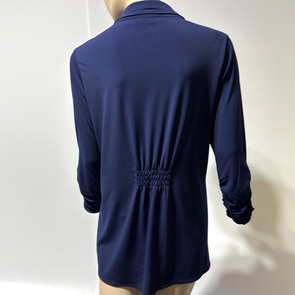 Susan Graver Button Front Shirt Navy Blue Ruched Sleeve Size M Medium Liquid - Picture 5 of 10